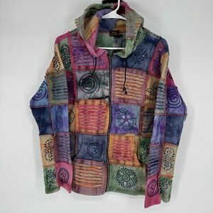 Rising International Womens Patchwork Zip Up Hoodie Nepal Boho Block Print M